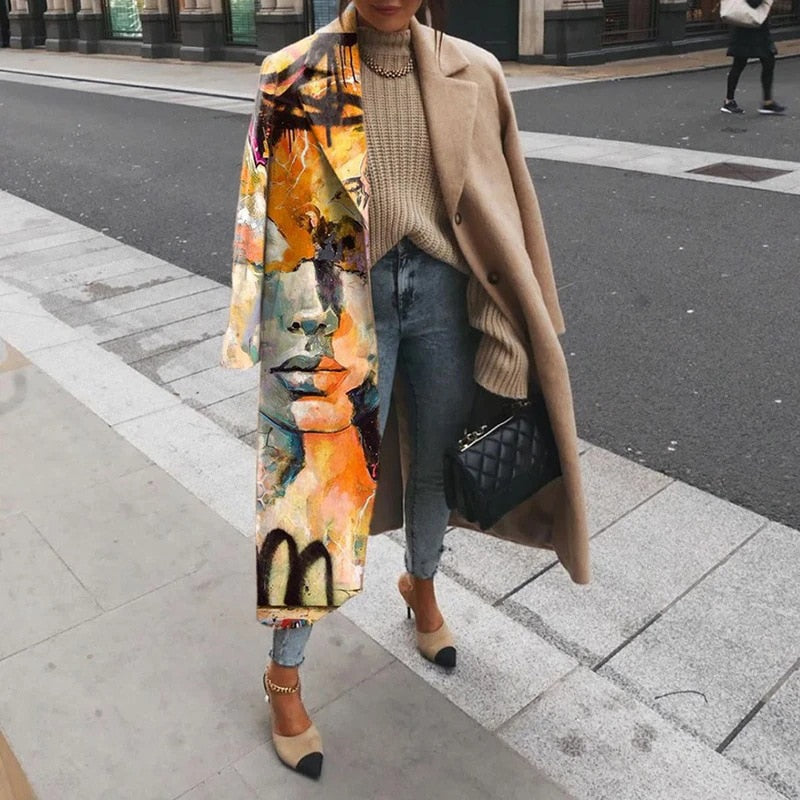 Fall Winter Elegant Women Fashion Lapel Collar Button Long Tops Outwear