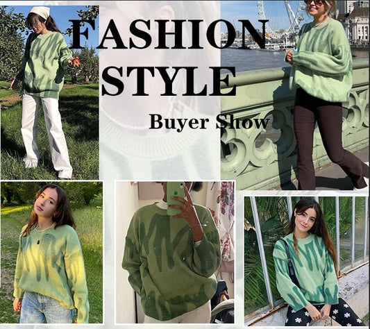 Print Knitted Sweater Women Elegant Green Striped Oversized Pullovers Women