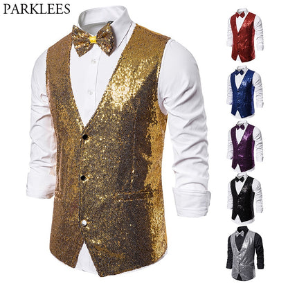 Shiny Gold Sequin Sparkling Waistcoat Men Slim Fit V Neck 2 Pieces Mens Vest