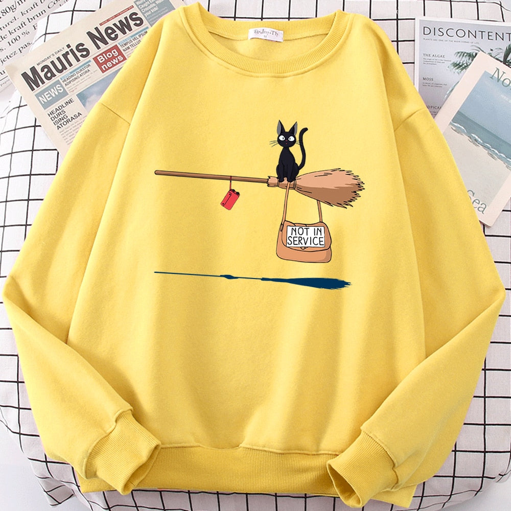 Cute Cat Not In Service Print Hoodies Women Casual Crewneck Sportswear