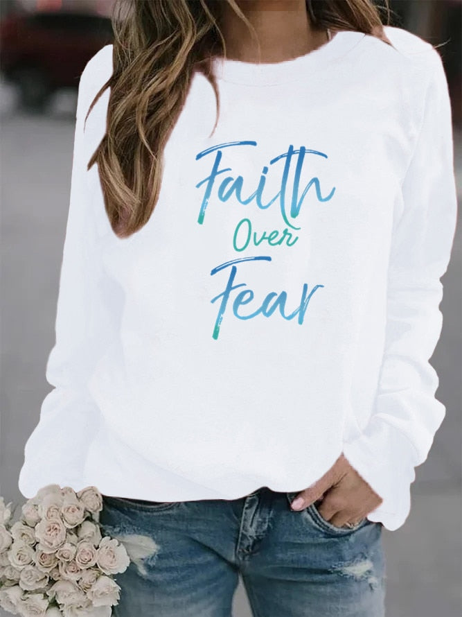 Women Hoodie Faith Over Fear Letter Printed Hoodies Women Fleece Long