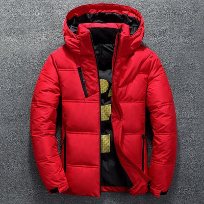 White Down Jacket Men Winter Warm Solid Color Hooded Down Coats