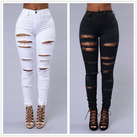 Spring Summer Elastic Trousers Black and White Ripped Jeans Fashion