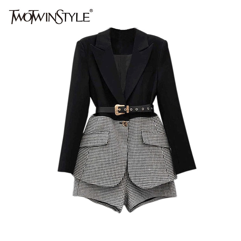 Korean Patchwork Plaid Two Piece Set For Women Lapel Long Sleeve Sashes Blazer