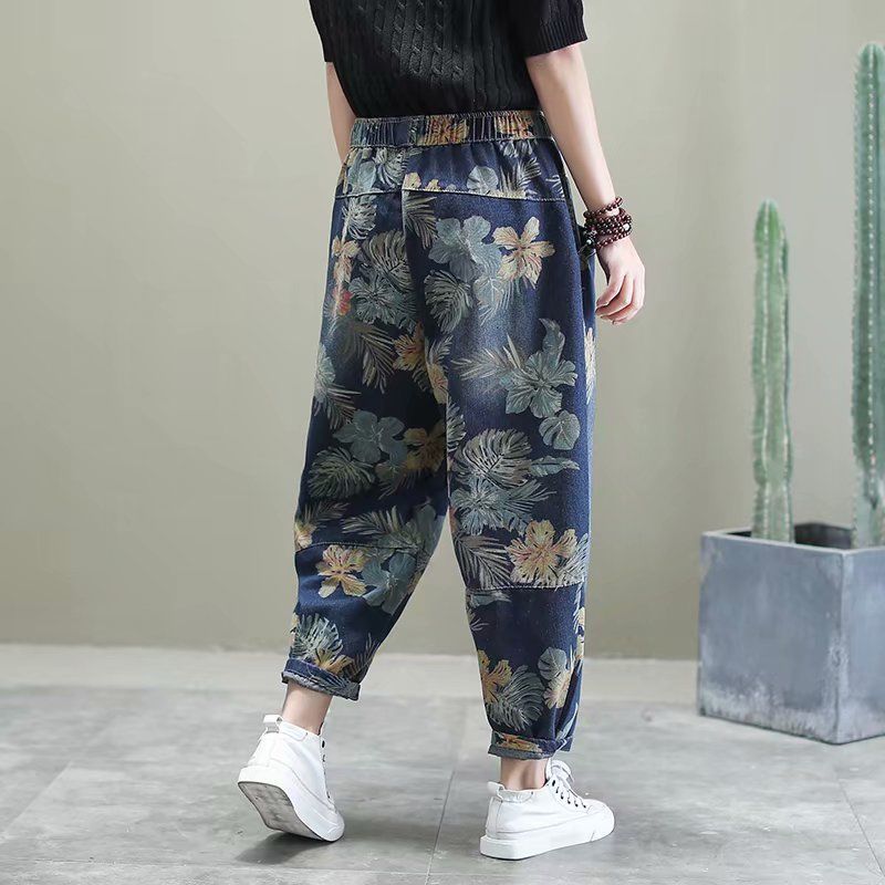 Vintage printing Harem Pants jeans Women Fashion Casual Loose Lace-up