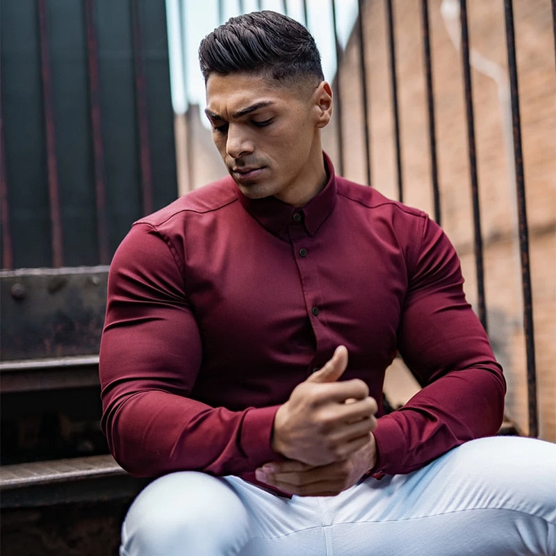Men Fashion Casual long Sleeve Solid Shirt Super Slim Fit Male