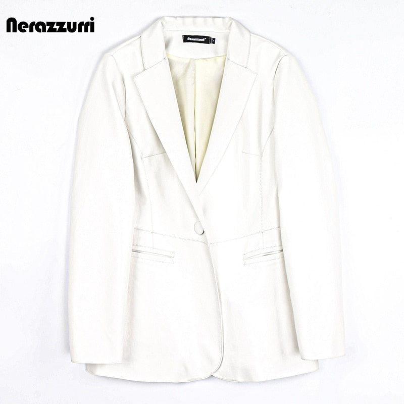 Spring Autumn Black Leather Blazer Women Single Button Slim Fit