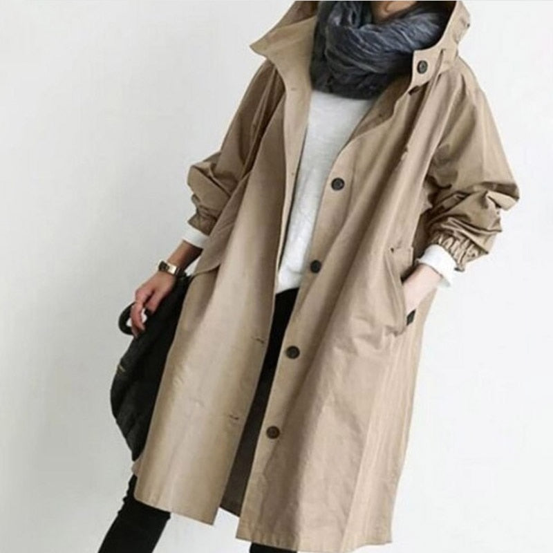 Fashion Womens Trench Coats Hooded Long Spring Autumn Windproof