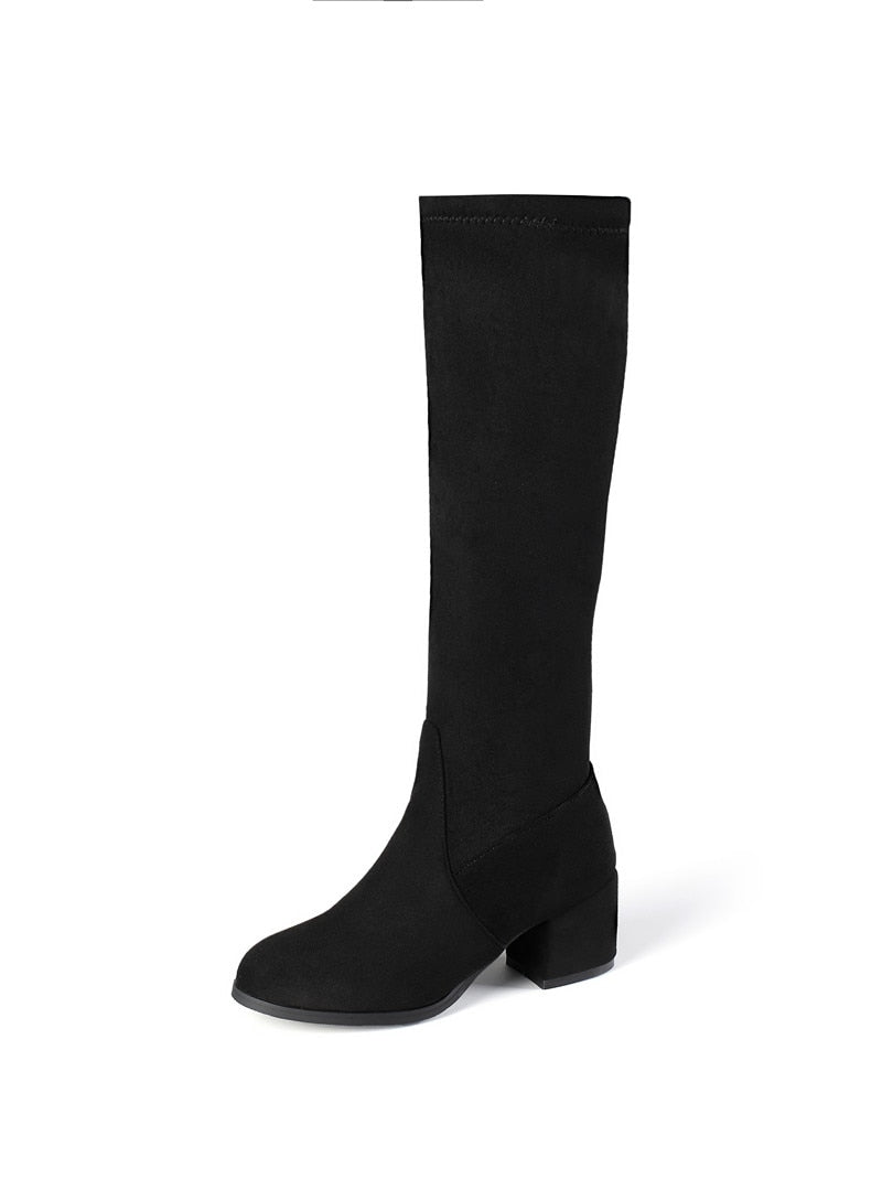 knee high boots thick high heels round toe ladies shoes winter black rice white