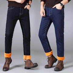 Men's Warm Jeans Business Casual Elasticity Thick Slim Denim Pants