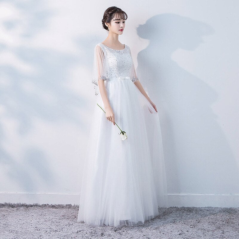 Evening wear Dresses: O Neck Tulle Evening Dresses Long Crystal Beading Prom
