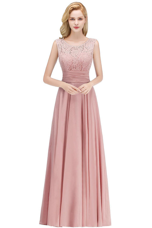 Homecoming Dresses: Dusty Pink Lace Long Bridesmaid Dresses Stretchy A Line