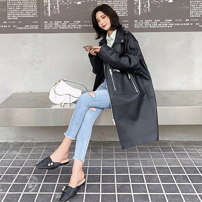Autumn Oversized Black Long Womens Leather Jacket