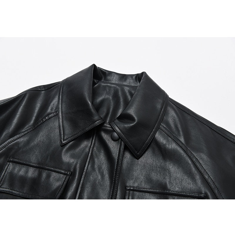 Spring Autumn Four Big Pocket Chic Loose Design Biker
