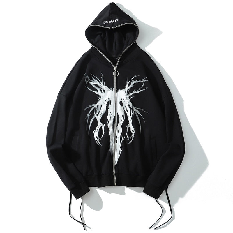 Punk Graphic Print Zipper Ribbon Hooded Hoodie Men Casual Black