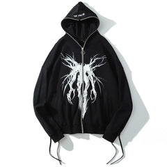 Punk Graphic Print Zipper Ribbon Hooded Hoodie Men Casual Black