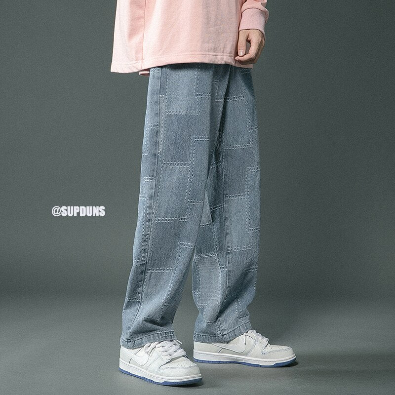 Men Jeans Vintage Geometric Patchwork Hip Hop Denim Pants
