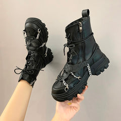 Womens Ladies Ankle Boots Mid Heel Lace Up Worker Army Black Goth Shoes