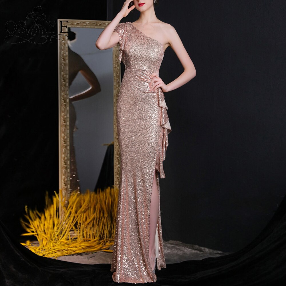 Evening wear Dresses: One Shoulder Silver Prom Dresses Ruffles Sequin Sheath