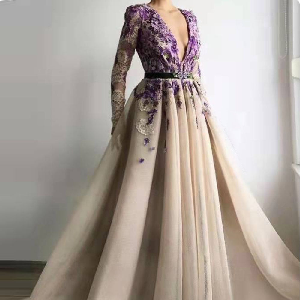 Evening wear Dresses: Prom Dresses Deep V Neck Belt Wedding Evening Gown