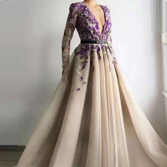 Evening wear Dresses: Prom Dresses Deep V Neck Belt Wedding Evening Gown