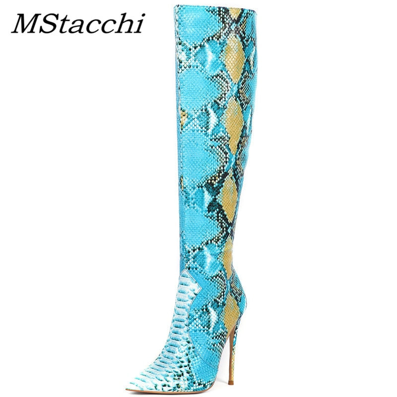 Women Snake Boots Pointed Toe Women High Boots Ladies