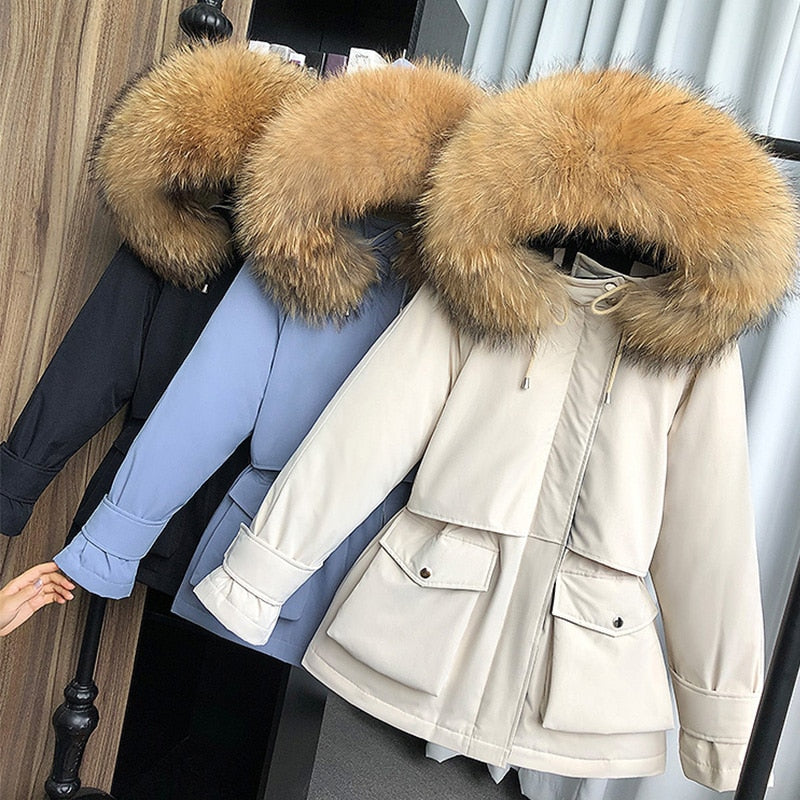 Winter Jacket Women Large Natural Fur White Down Coat