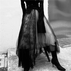 Long Luxury Soft Tulle Skirt Lace stitching Gothic White Black Pleated Tutu Skirts