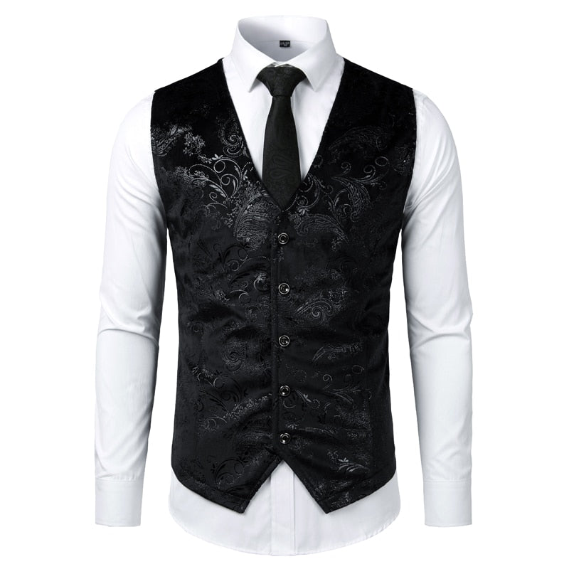 Mens Gold Metallic Paisley Printed Steampunk Vest Single Breasted V Neck