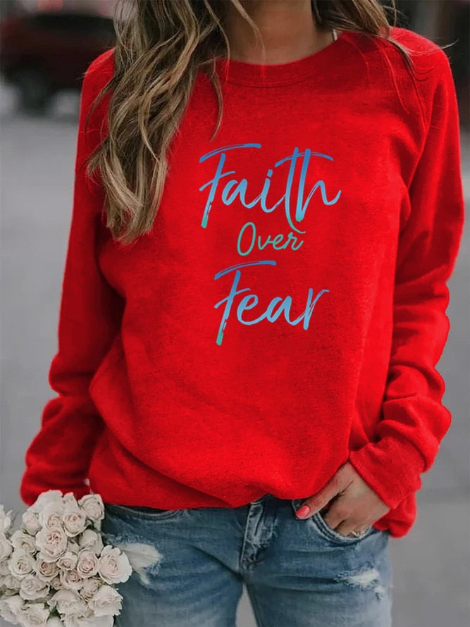 Women Hoodie Faith Over Fear Letter Printed Hoodies Women Fleece Long