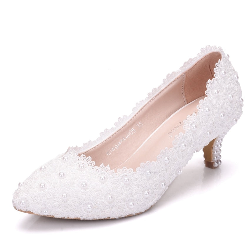 Crystal Queen White Lace Wedding Shoes 5CM Thick kitten Heel Shoes