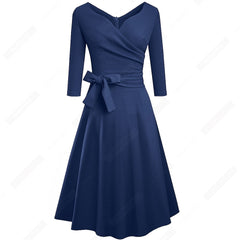 Women Classic Vintage V Neck Bow Party Casual Elegant Charming A Line Dress