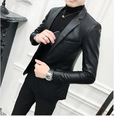 Men Suit Black Slim Fit Blazer Hombre PU Leather Jacket Male One Button