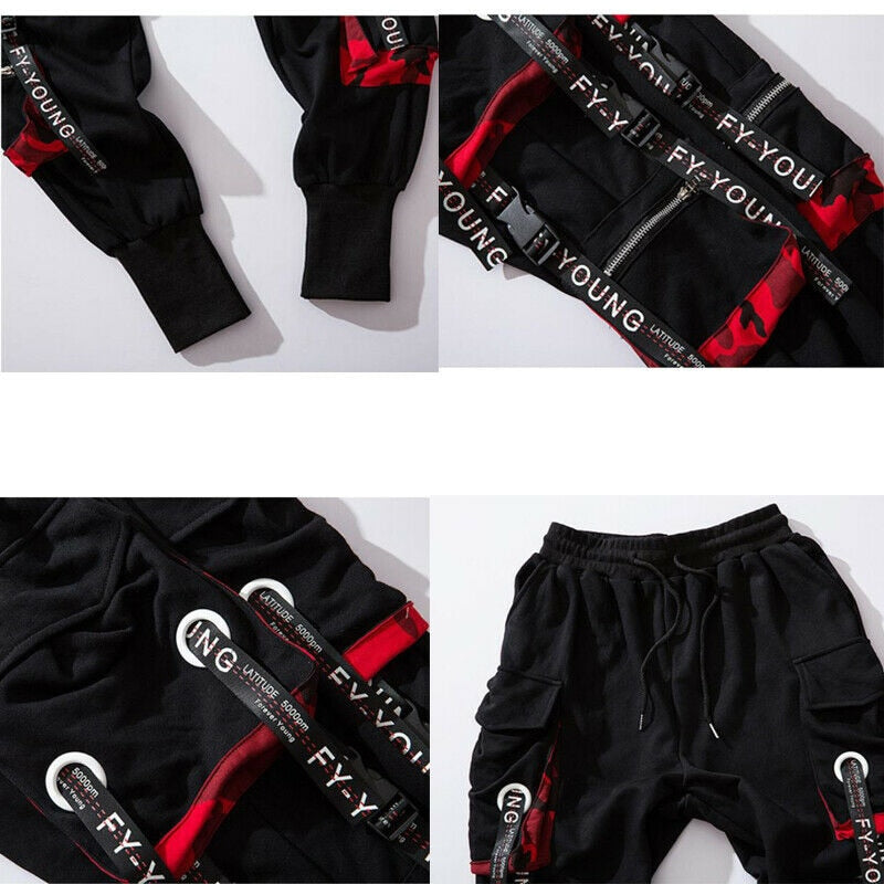 Hip Hop Joggers Men Letter Ribbons Cargo Pants Pockets Track Tactical Casual