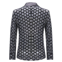 Silver Sequin Plaid Blazer Jacket Men Fashion Slim FIt One Button Dress Suit