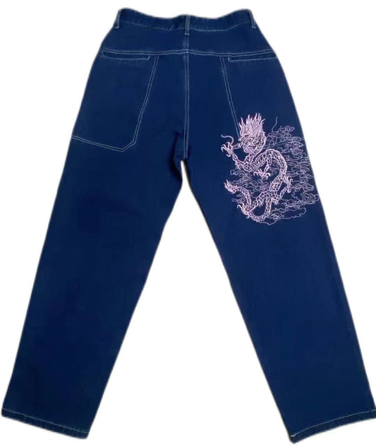 American retro street loose embroidered straight-leg jeans women