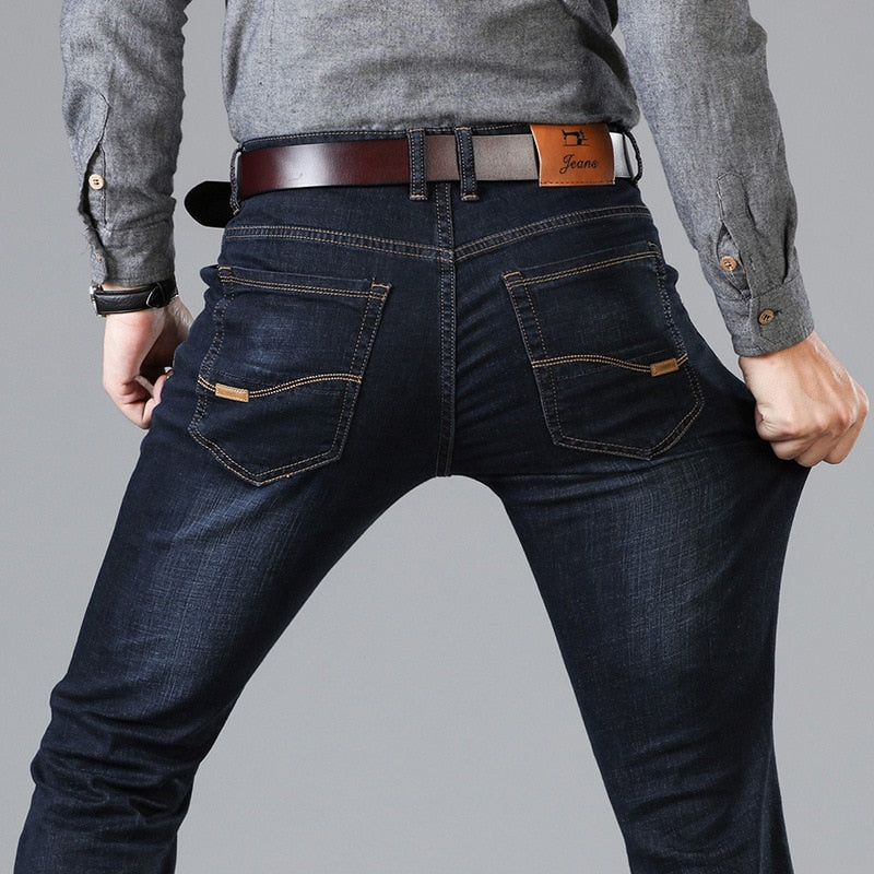 Classic Style Men Black Blue Regular Fit Jeans Business Casual Stretch Denim Pants