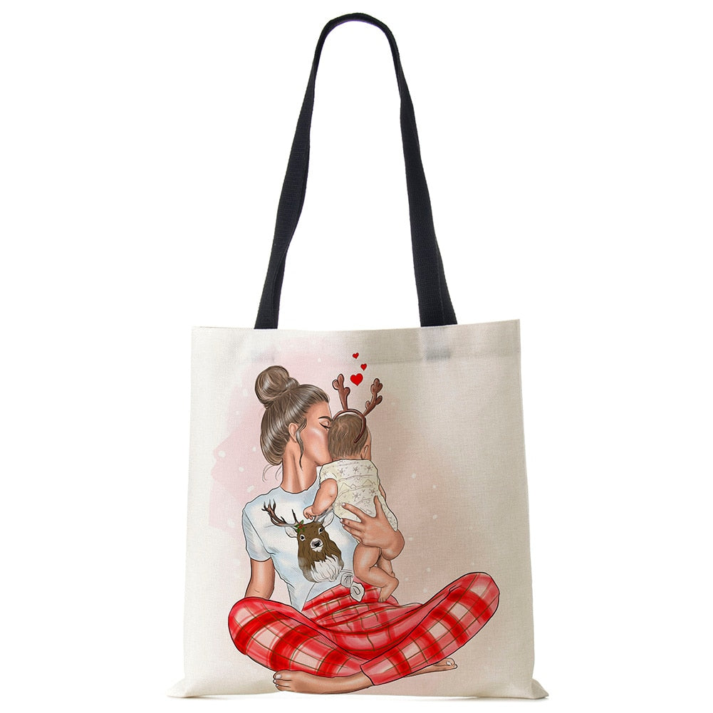 Cute Cartoon Super Mama Print Linen Tote Bag Reusable Shoulder Bags Mom