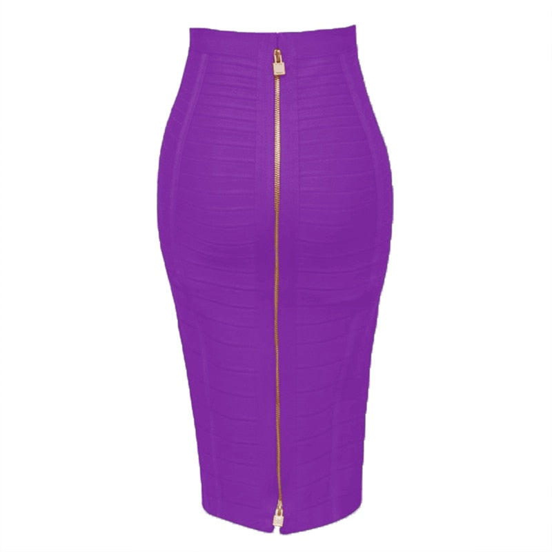 High Quality Black Red Blue Orange Zipper Bodycon Rayon Bandage Skirt Day Party