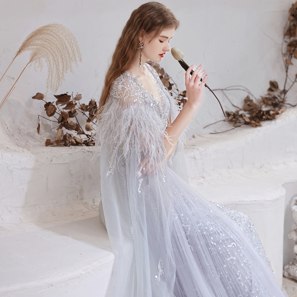 Evening wear Dresses: Evening Dresses with Detachable Shawl Silver Grey