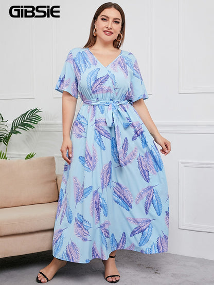 Plus Size V Neck Floral Print Boho Dress Women Summer Short Sleeve Maxi Dresses