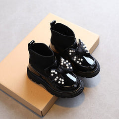 Metal Chain Girls Boys Fashion Boots PU Leather Knitting Patchwork Slip On Kids