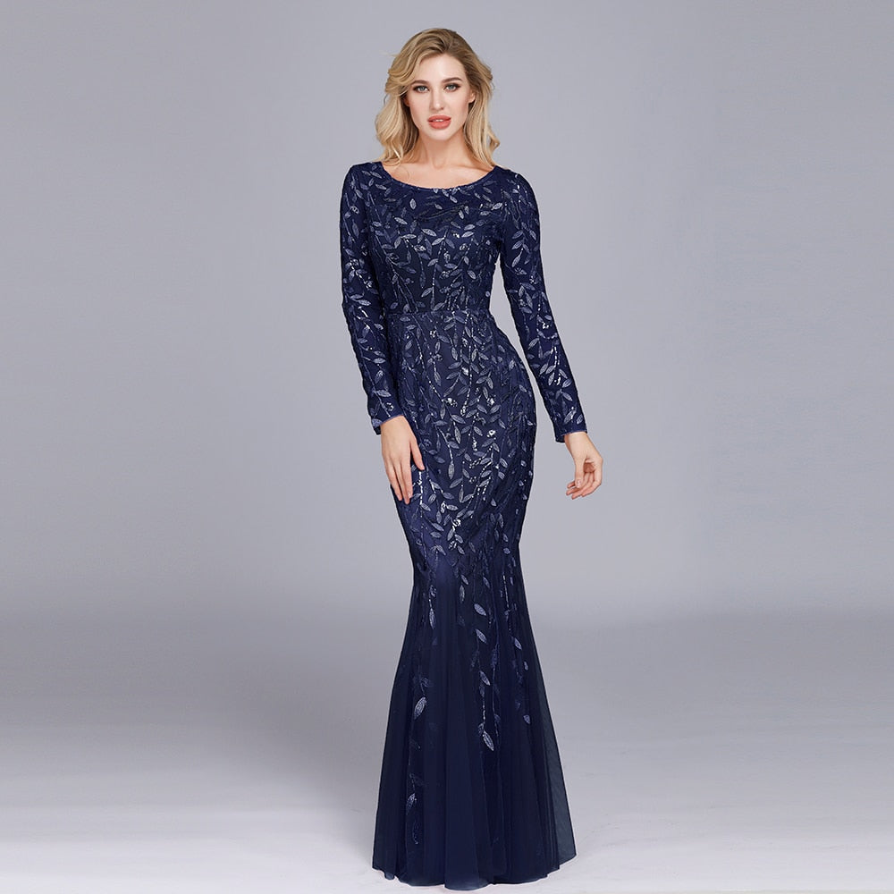 Evening wear Dresses: O Neck Full Sleeve Lace Appliques Tulle Long Party Gown