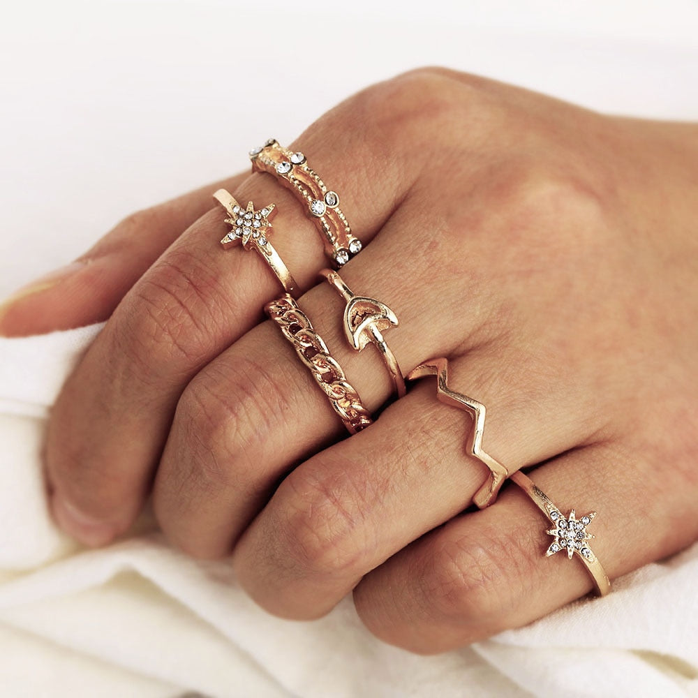 Bohemian Vintage Gold Crystal Geometric Joint Ring Set for Women Star