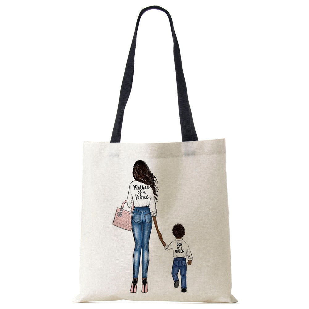 Cute Cartoon Super Mama Print Linen Tote Bag Reusable Shoulder Bags Mom