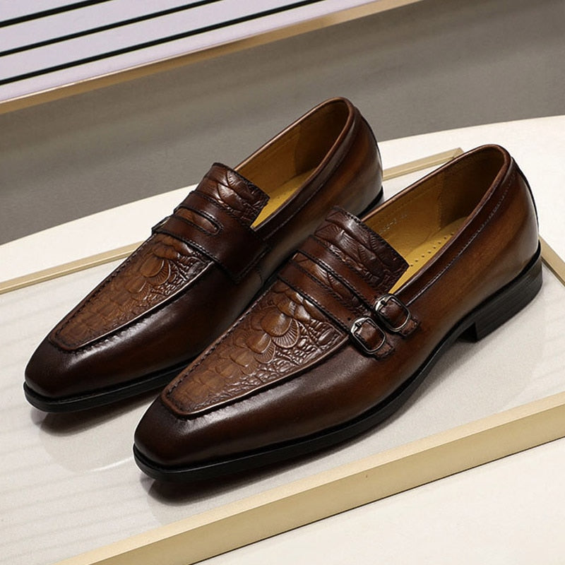 Luxury Men Dress Shoes Genuine Leather Crocodile Print Wedding Loafers