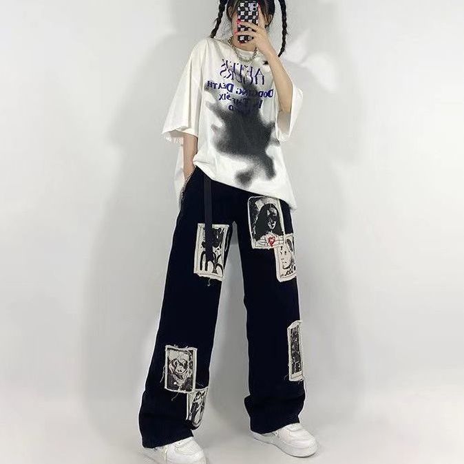 HOUZHOU Grunge Punk Patchwork Black Jeans Women Hip Hop Streetwear Print Oversize Wide Leg Trousers 90s Vintage Fashion Pants