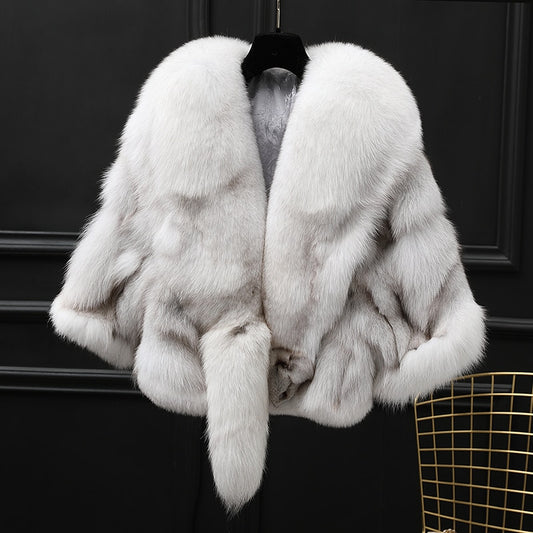 Winter Cloak Warm  Women Cardigan big real Fox Fur Collar Cape Fashion Solid
