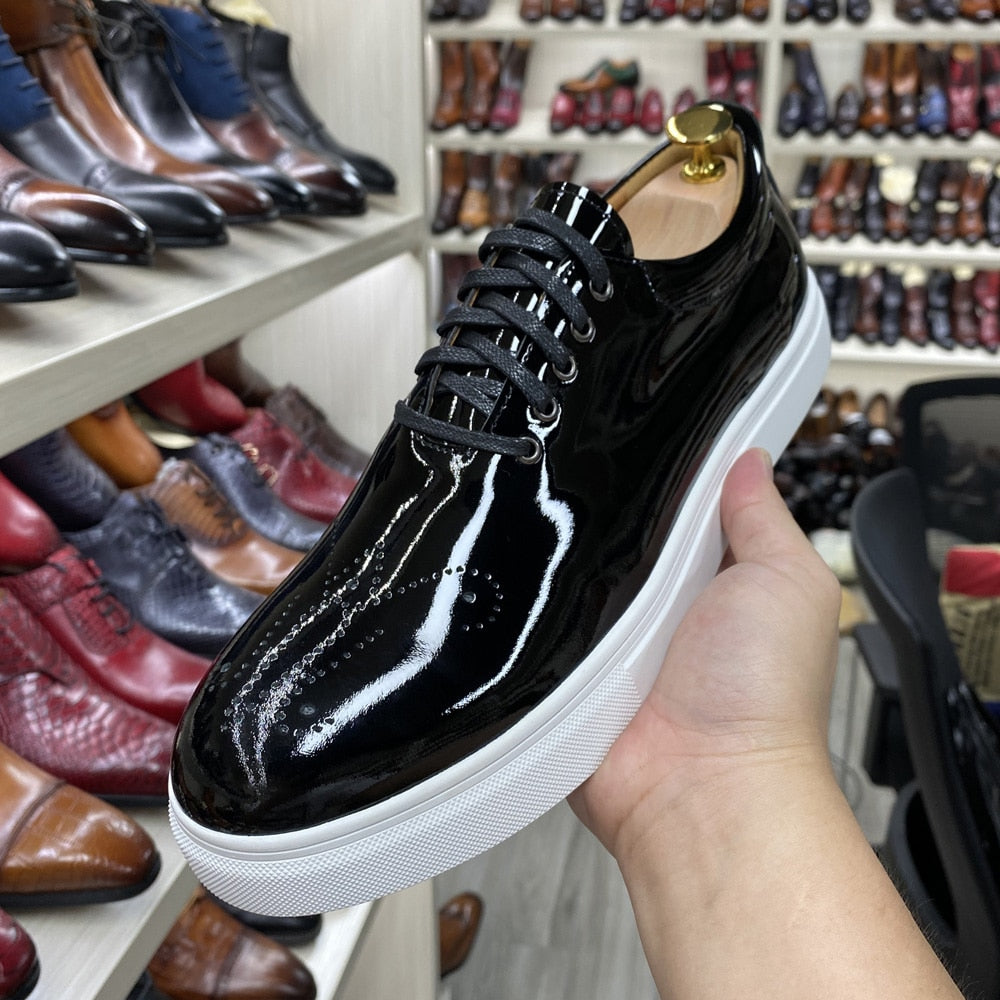 Luxury High Quality Mens Casual Shoes Patent Leather Lace Up Autumn