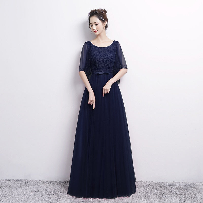 Evening wear Dresses: O Neck Tulle Evening Dresses Long Crystal Beading Prom
